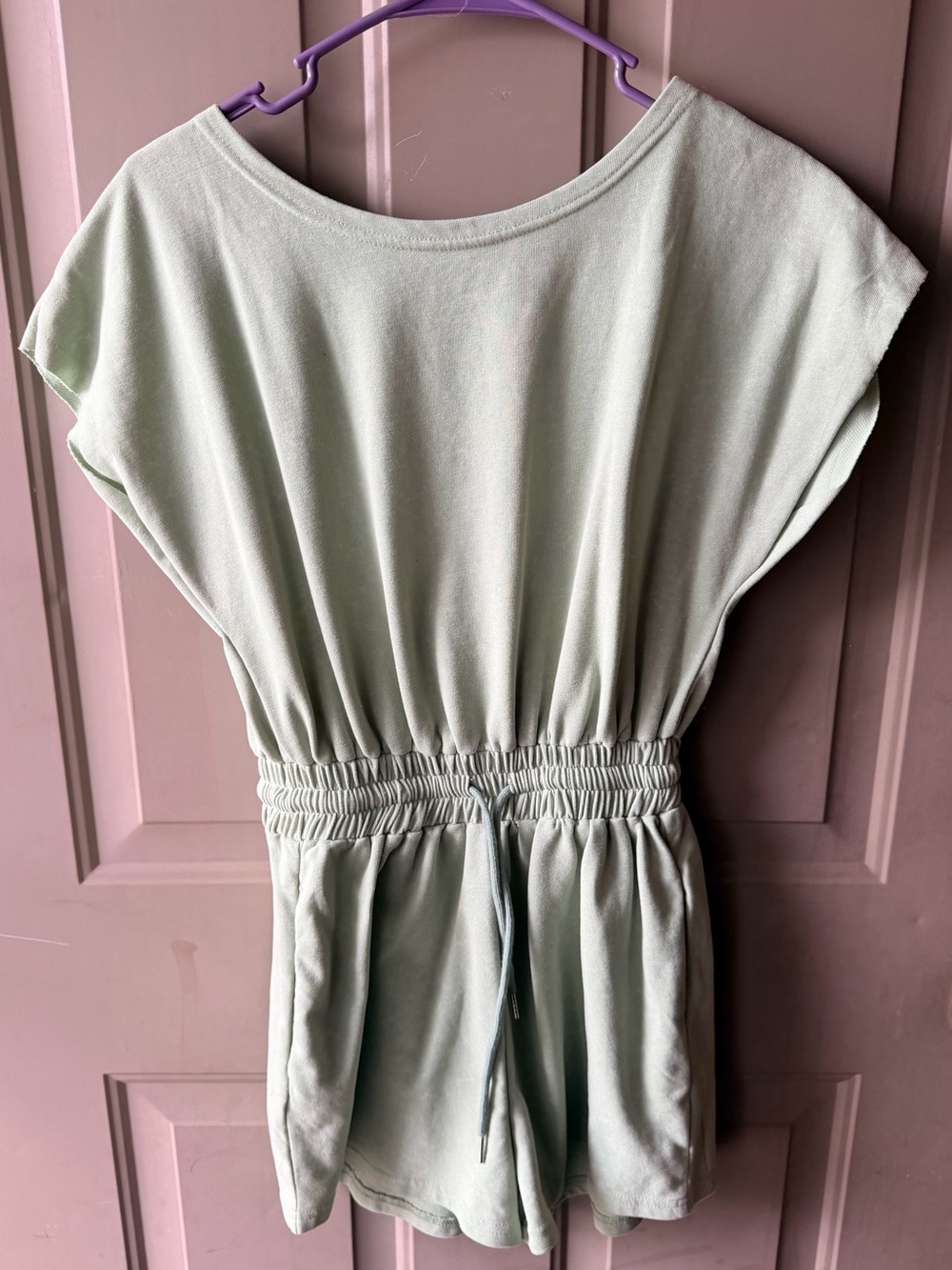 Light Sage Green Elastic Waist Romper with Open Back
